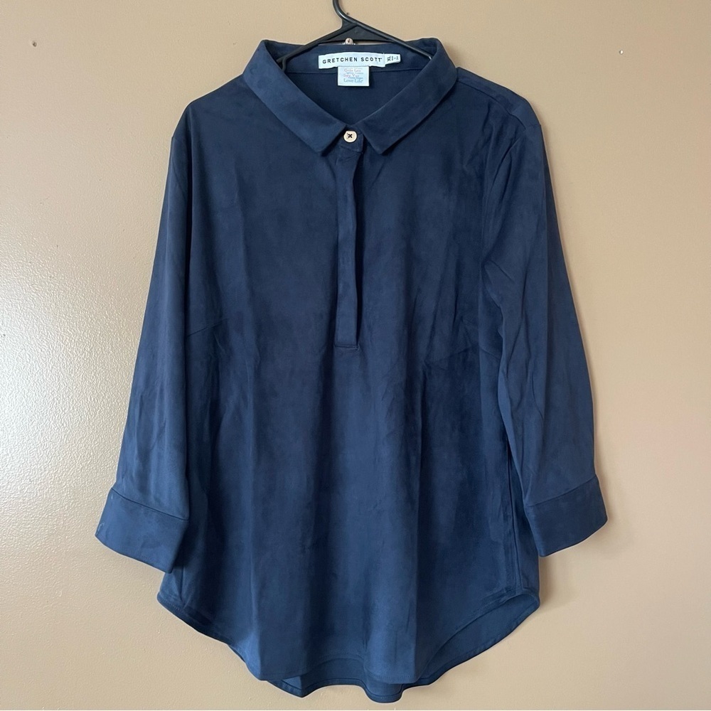 Gretchen Scott Navy Blue Collared hidden button top size XL